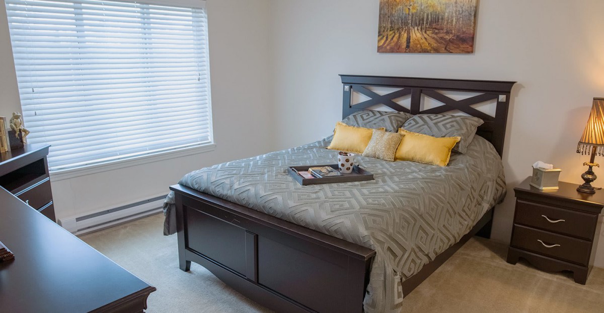 A cozy bedroom with a neatly made bed and decorative pillows.