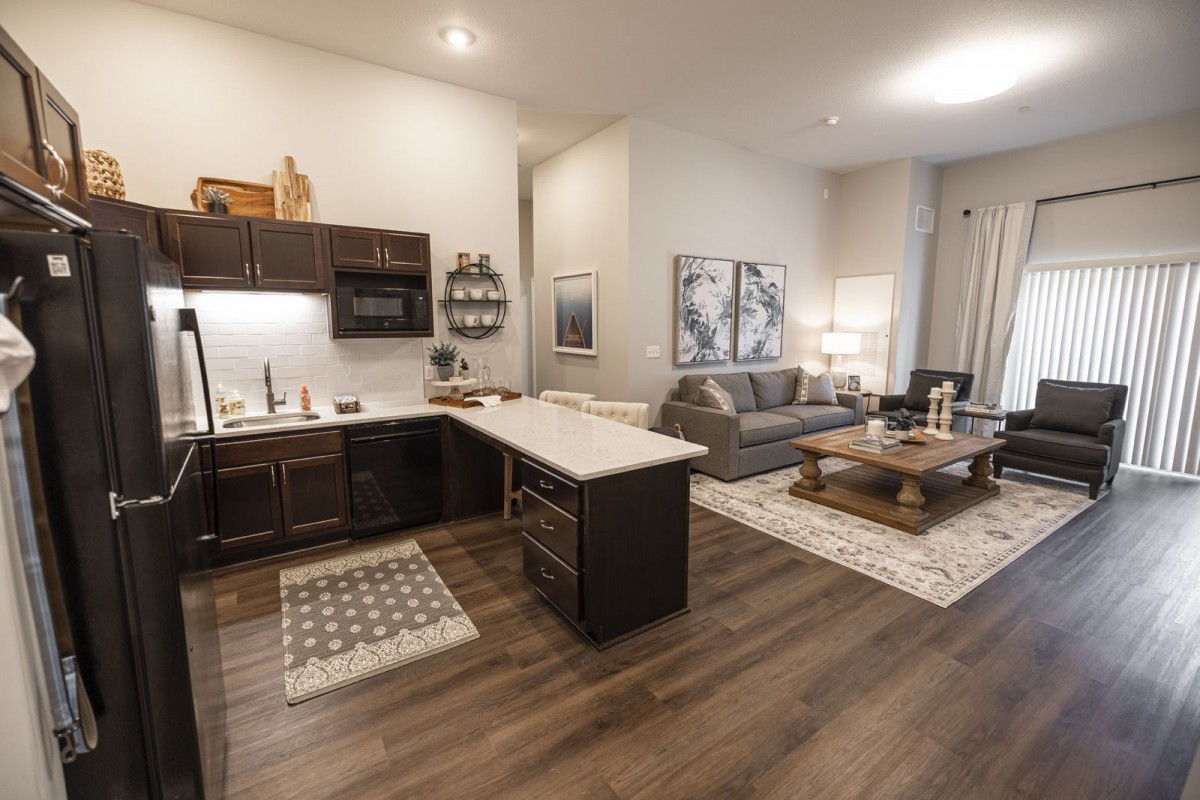 A modern open floor plan featuring a kitchen with dark cabinetry and an island countertop, adjacent to a cozy living room area with stylish furniture.