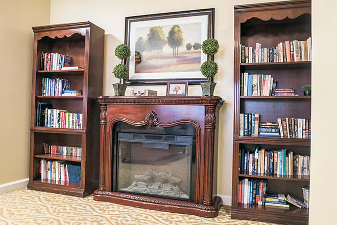 A cozy living room featuring a wooden fireplace flanked by two bookshelves filled with books and topped with elegant topiary decor.