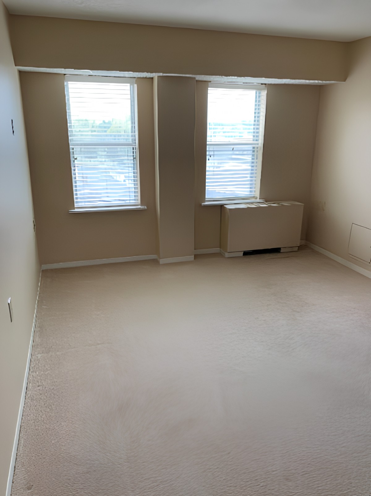 An empty room with beige walls, carpeted floor, two windows with blinds, and a radiator.