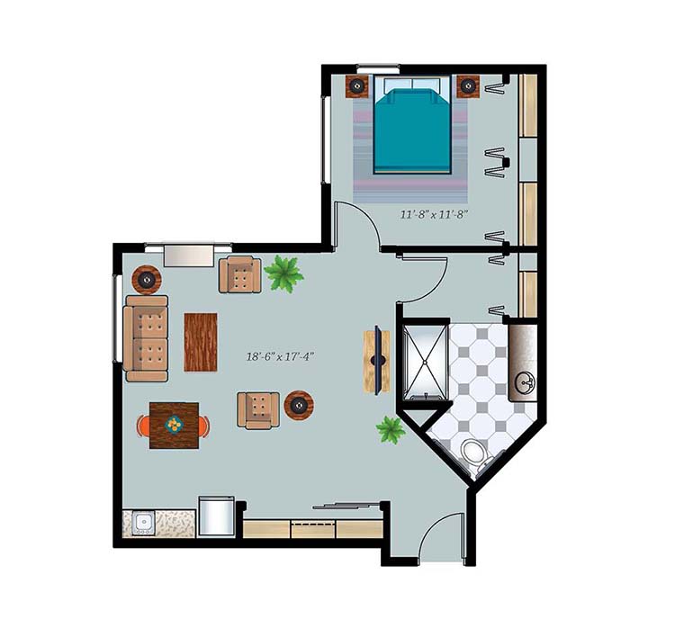 A floor plan of a one-bedroom apartment featuring a living room, kitchen, and bathroom.