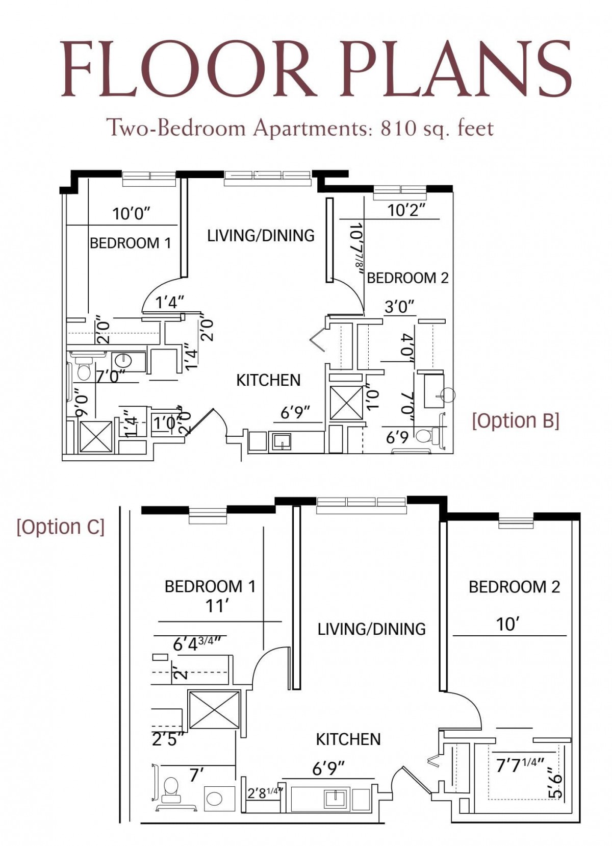 Floor plans for two-bedroom apartments, showing different layout options.