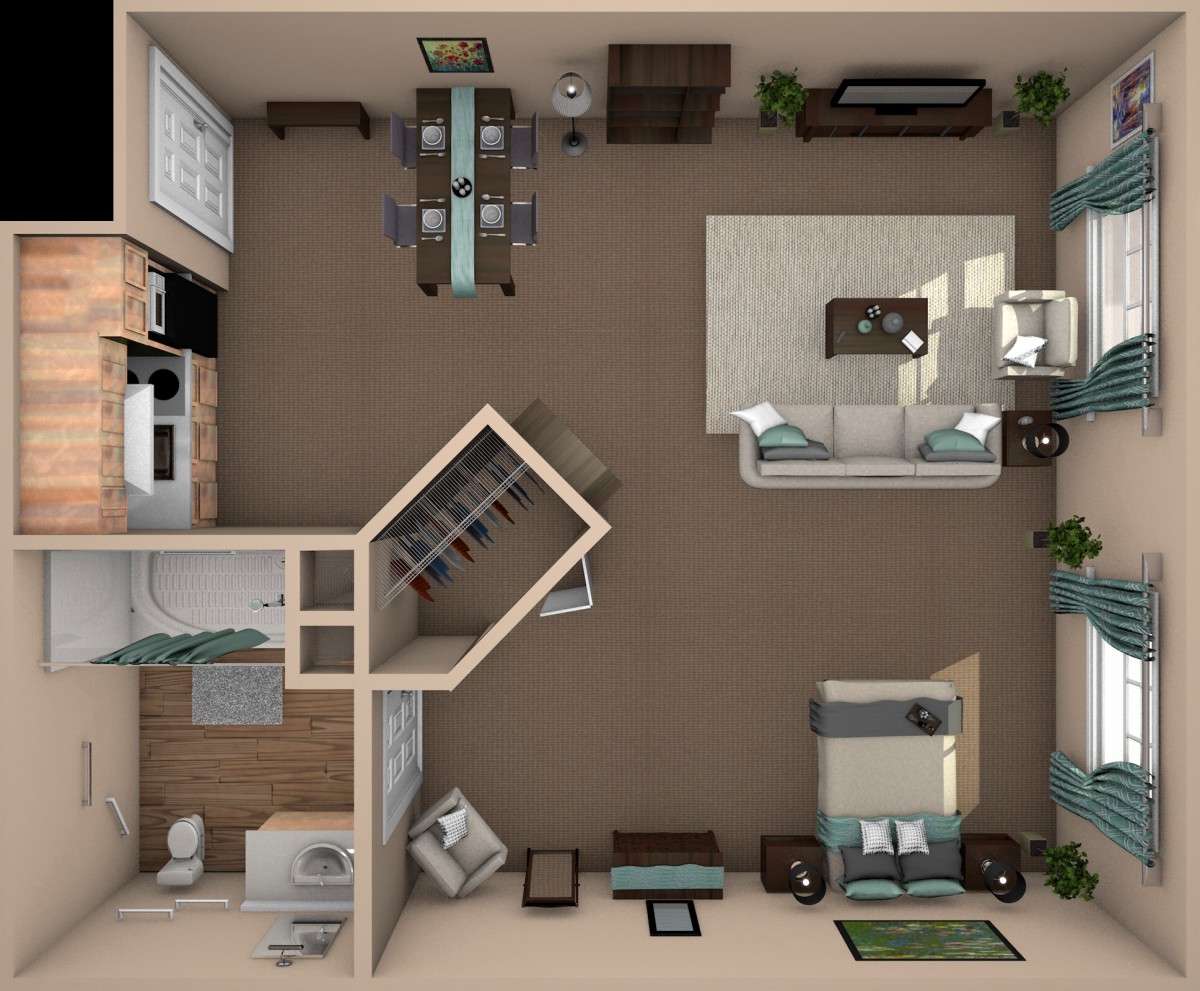 A top-down view of a modern apartment floor plan with designated spaces for living, dining, and kitchen areas.