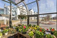 A greenhouse filled with vibrant plants and flowers next to modern buildings.