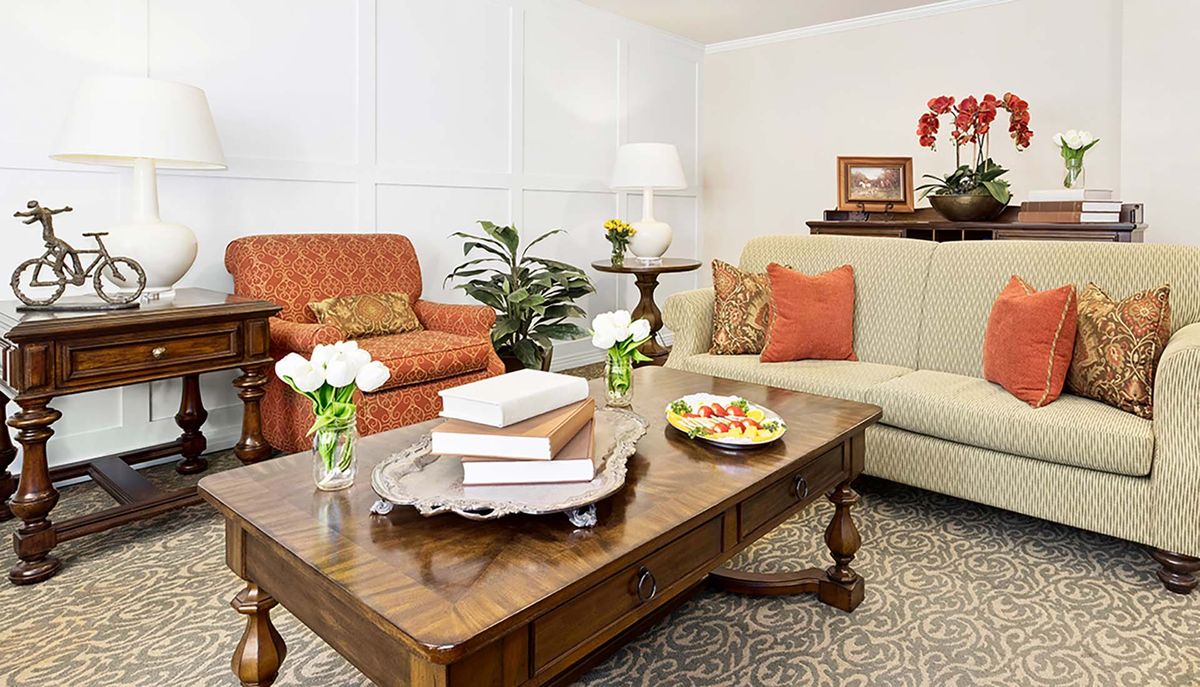 A cozy living room featuring a comfortable sofa and armchair, elegantly arranged with decorative pillows and a wooden coffee table adorned with books and vases.