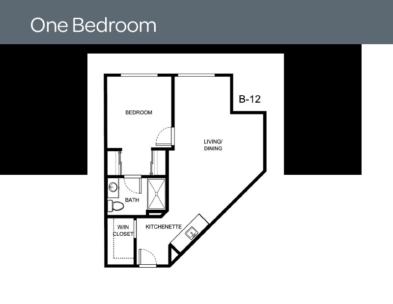 One-bedroom apartment floor plan with labeled rooms.