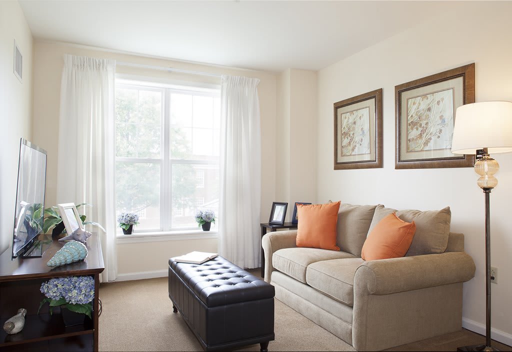 A cozy living room with a sofa and orange cushions, featuring a large window and decorative artwork on the walls.