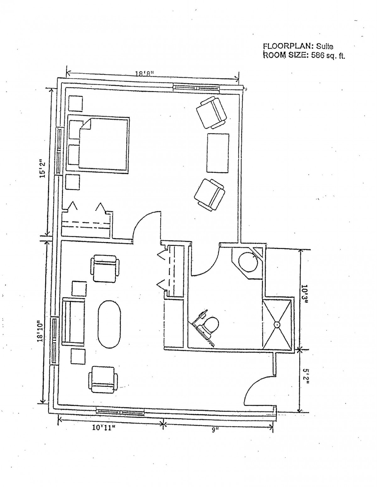 A floor plan depicting the layout of a small apartment, including a bedroom, living area, kitchen, and bathroom.