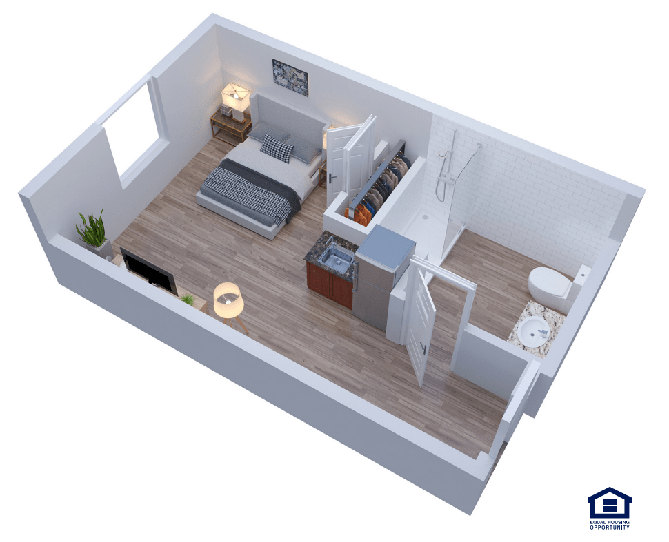 A 3D rendering of a small apartment floor plan featuring a bedroom, bathroom, and kitchenette.