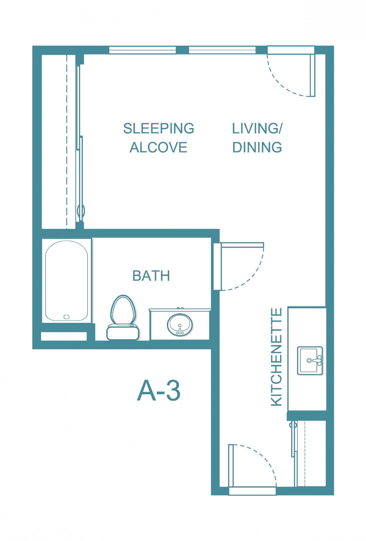 A floor plan of a studio apartment featuring a sleeping alcove, kitchenette, and bath.