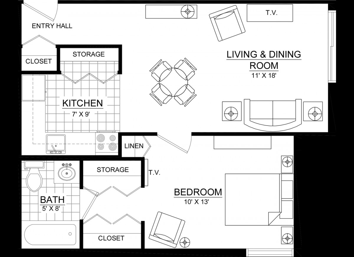 Apartment floor plan showing layout of living room, kitchen, bedroom, and bathroom.