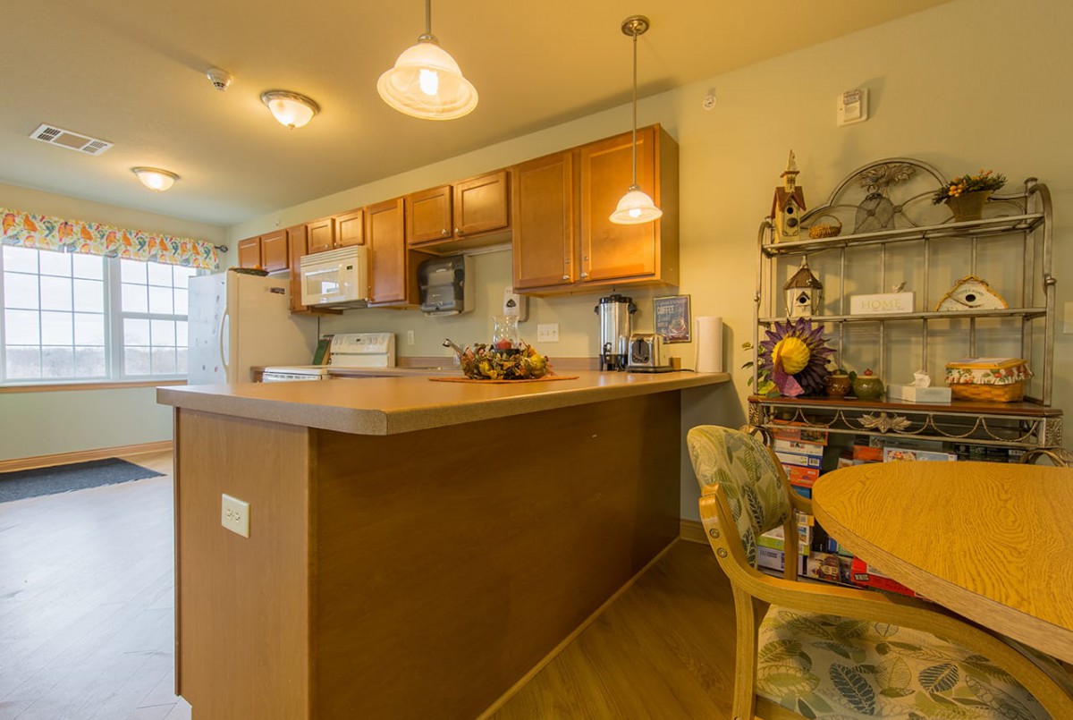 A warm and inviting kitchen with wooden cabinets, a spacious countertop, and cozy lighting.