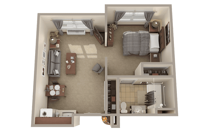 A floor plan of a one-bedroom apartment featuring a living room, kitchen, bedroom, and bathroom.