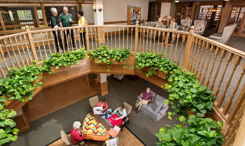 A community space with people gathered in a seating area surrounded by plants, viewed from an upper level.