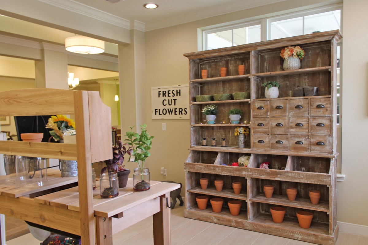 A cozy flower shop interior featuring rustic shelves filled with various potted plants and a sign that reads 'Fresh Cut Flowers'.