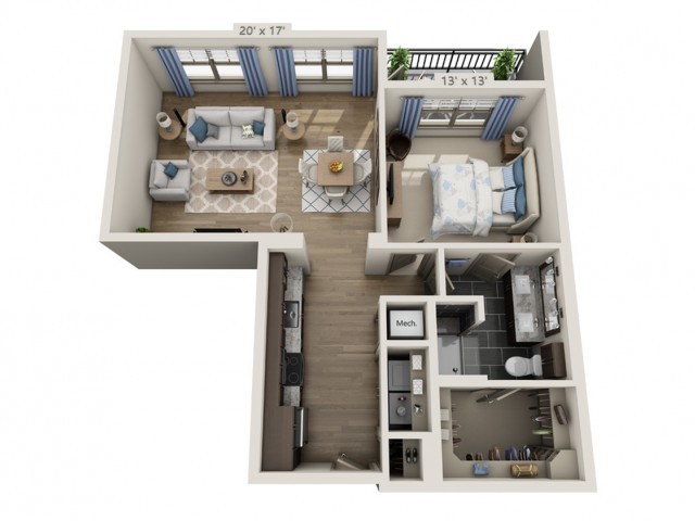 A 3D rendering of a one-bedroom apartment floor plan showcasing the living room, kitchen, bedroom, and bathroom.