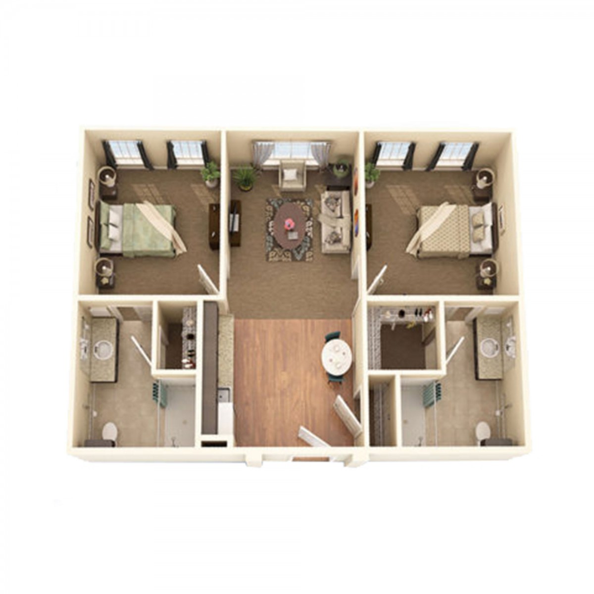 Two-bedroom apartment floor plan with furniture layout and shared living space.