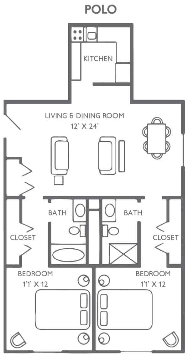 A floor plan of an apartment with a living and dining room, two bathrooms, and closets.