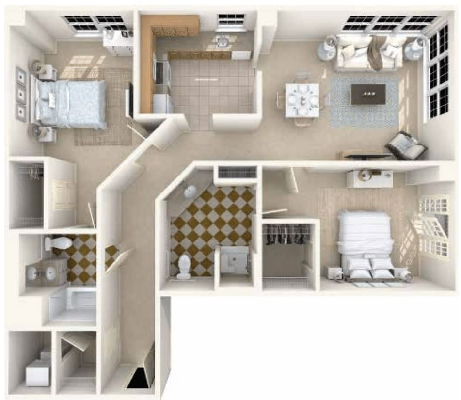 A 3D rendering of a detailed apartment floor plan showcasing various rooms and their layout.