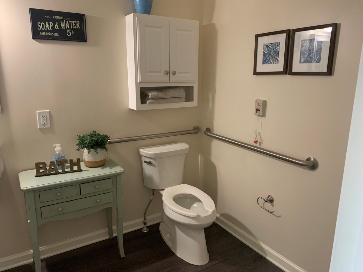 A well-organized bathroom with a toilet, sink, wall cabinet, and decorative elements.