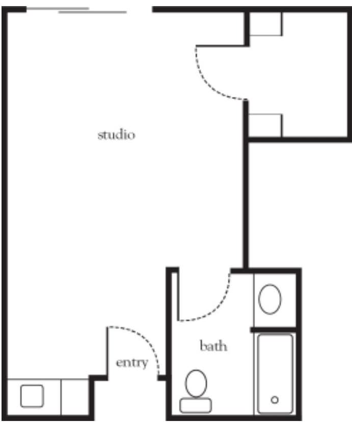 A floor plan of a studio apartment with designated areas for entry, bath, and living space.