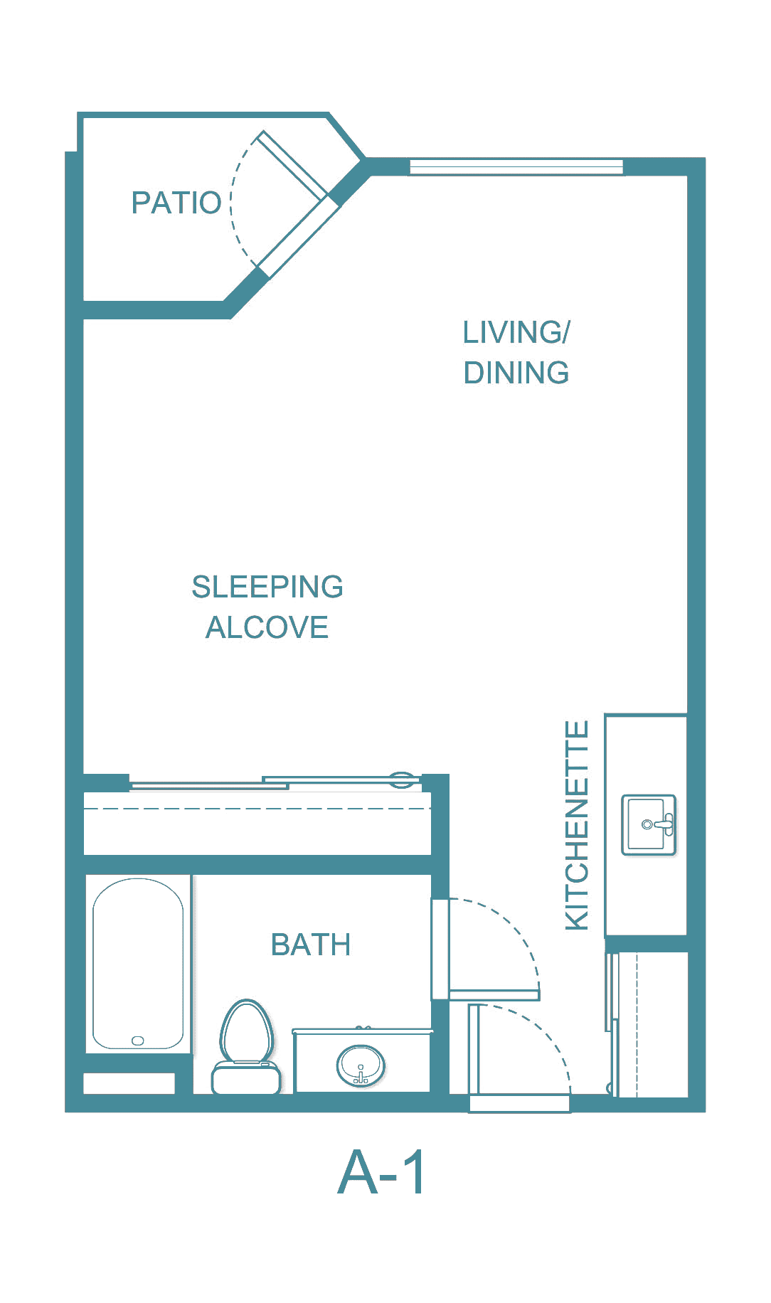 A floor plan of a studio apartment with a living/dining area, sleeping alcove, kitchenette, and bathroom.
