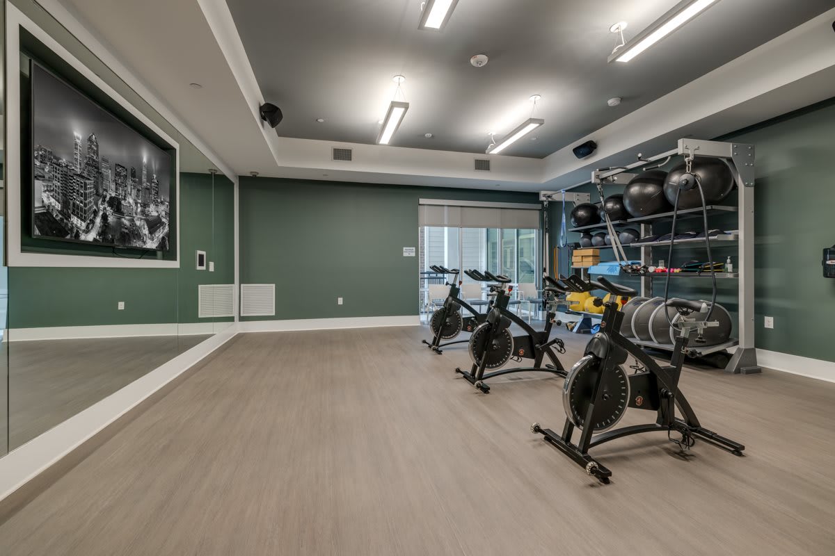 A modern gym room equipped with exercise bikes and weights arranged neatly.