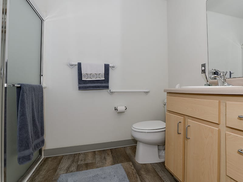 A modern bathroom featuring a toilet, sink with cabinetry, and a shower with towels.
