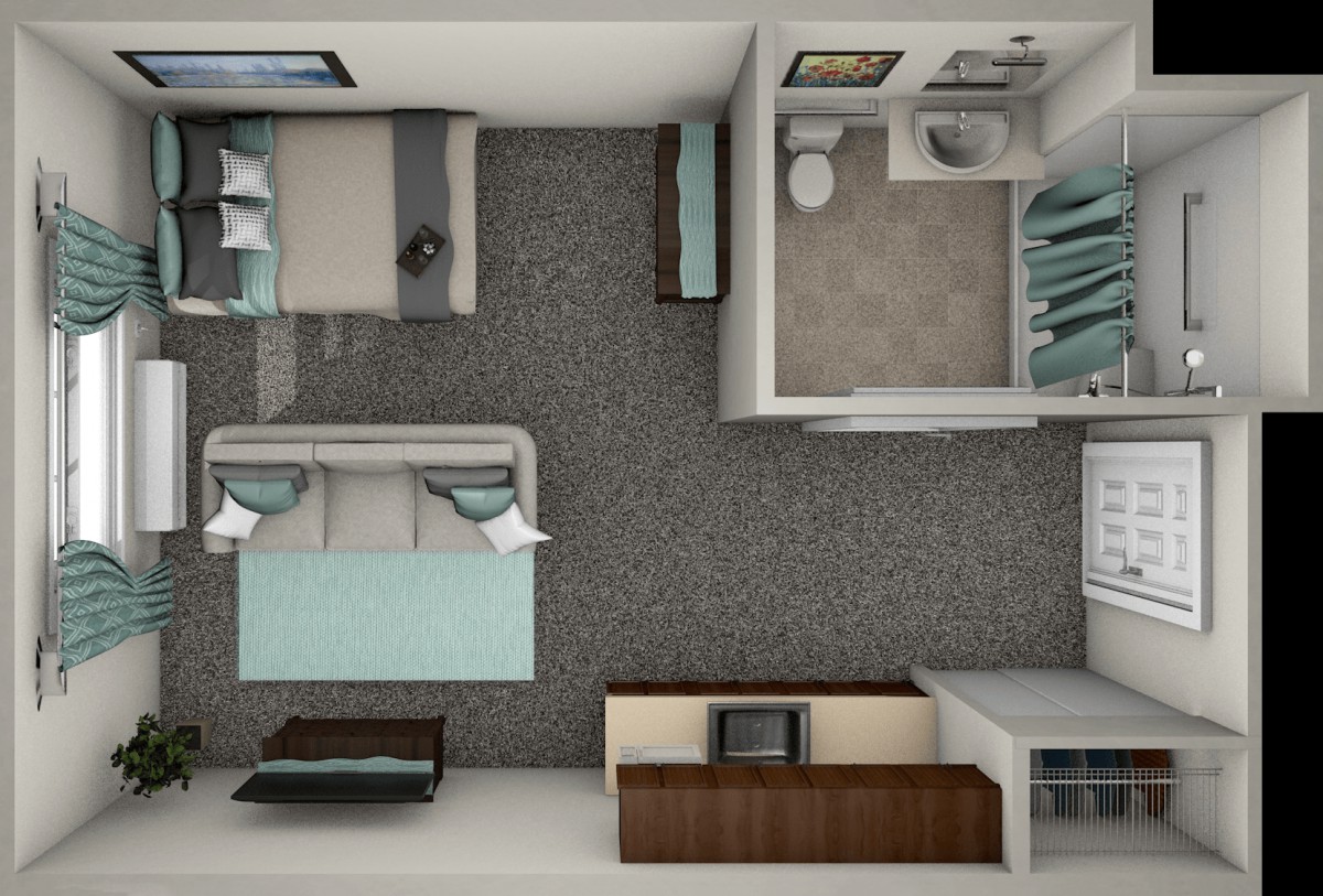 A top-down view of a floor plan featuring a bedroom and bathroom.