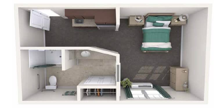 A top-view floor plan of a small bedroom with furniture layout.