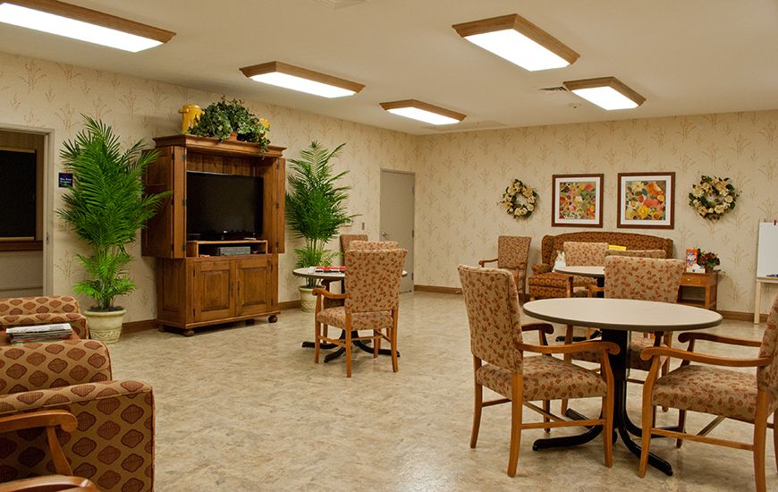 A well-lit dining area with wooden furniture, a television stand, and decorative plants.