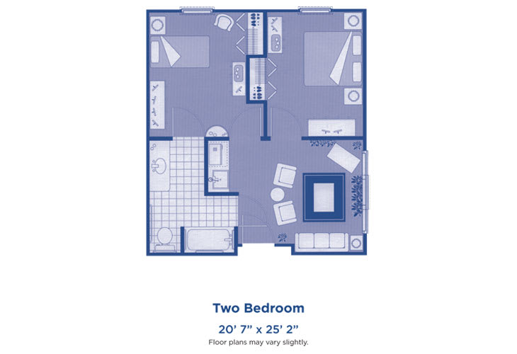 A blueprint of a two-bedroom apartment layout.