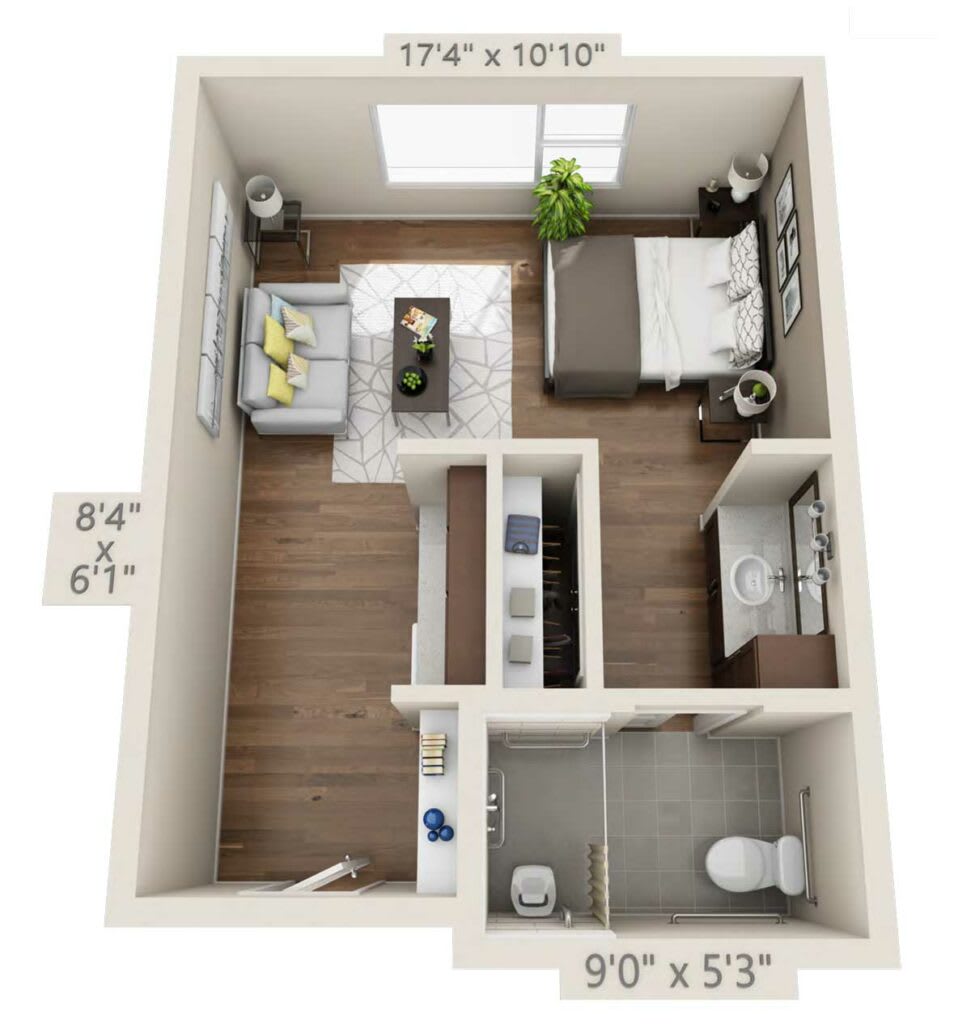 A 3D floor plan of a compact one-bedroom apartment with an open living area, kitchen, and bathroom.