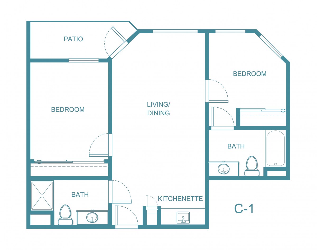 A floor plan of a two-bedroom apartment with living/dining area, kitchenette, two baths, and a patio.