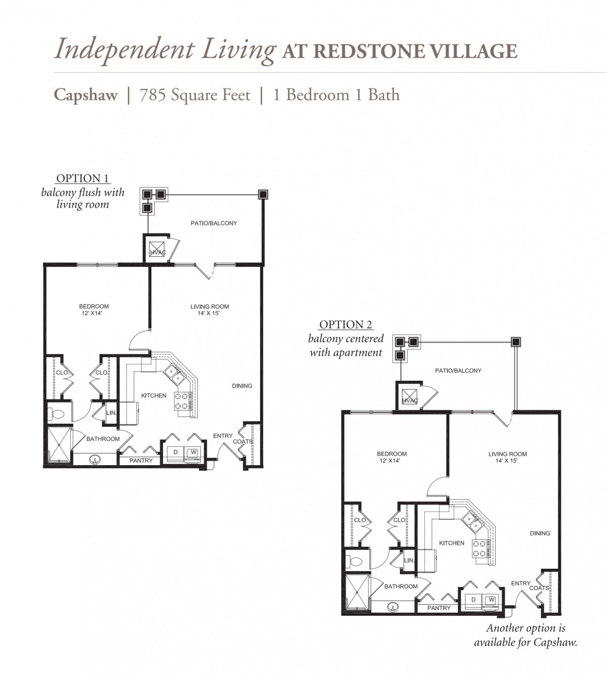 Floor plans for a one-bedroom, one-bathroom apartment at Redstone Village.