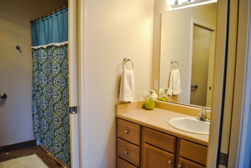 A clean and tidy bathroom with a sink, mirror, and patterned shower curtain.