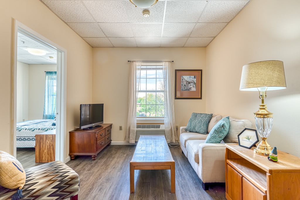 A cozy living room with a sofa, coffee table, and a television, filled with natural light coming through a large window.