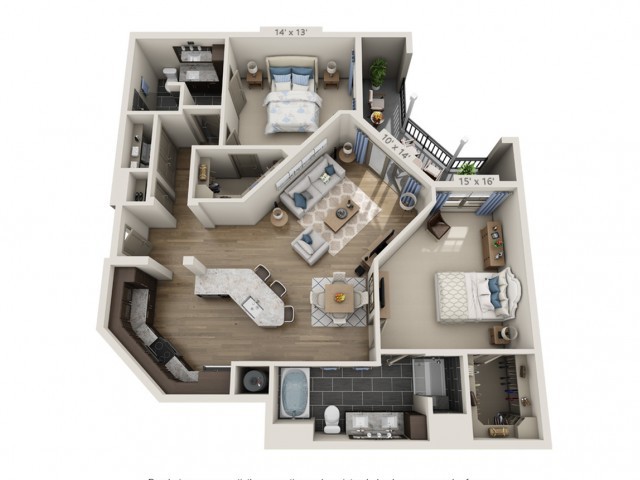 3D floor plan rendering of an apartment showing the layout of rooms and furniture.
