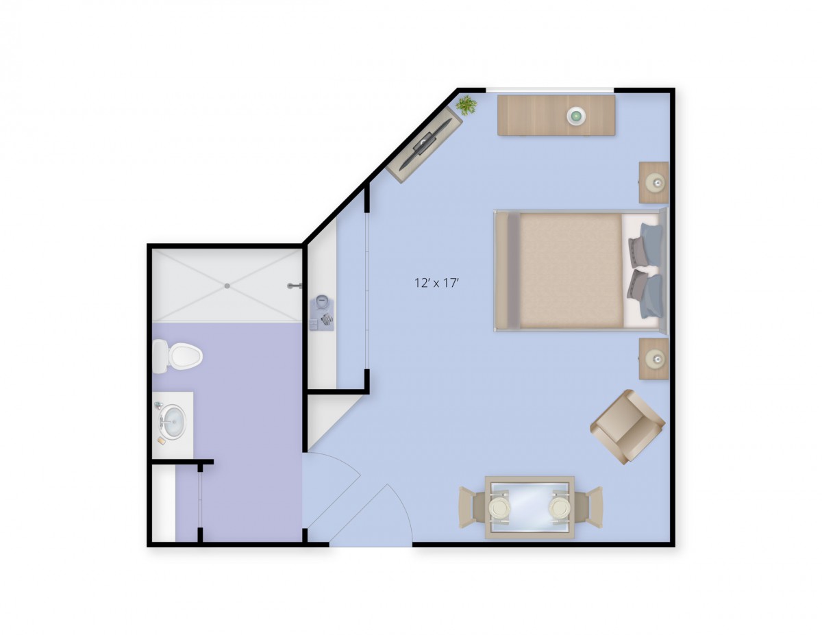 A floor plan of a studio apartment featuring a bedroom, bathroom, and living area.