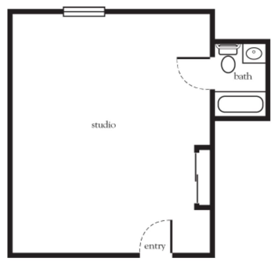 A simple floor plan of a studio apartment with a combined living and sleeping area and a small bathroom.