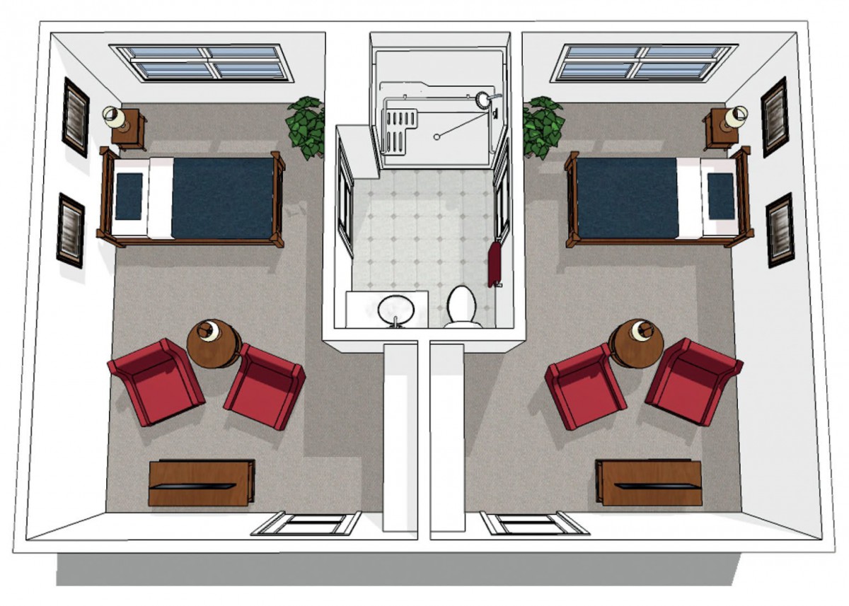 This image depicts a floor plan of two adjacent bedrooms, each furnished with beds and seating areas, sharing a central bathroom.