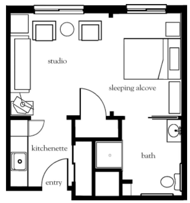 A floor plan of a studio apartment with labeled areas for a sleeping alcove, bath, kitchenette, and entry.