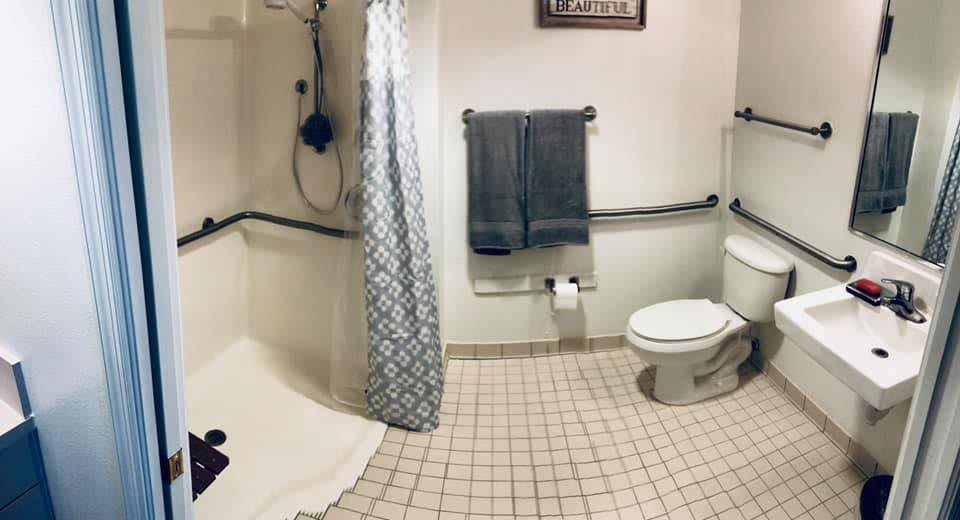 An accessible bathroom with a shower, toilet, and handrails.