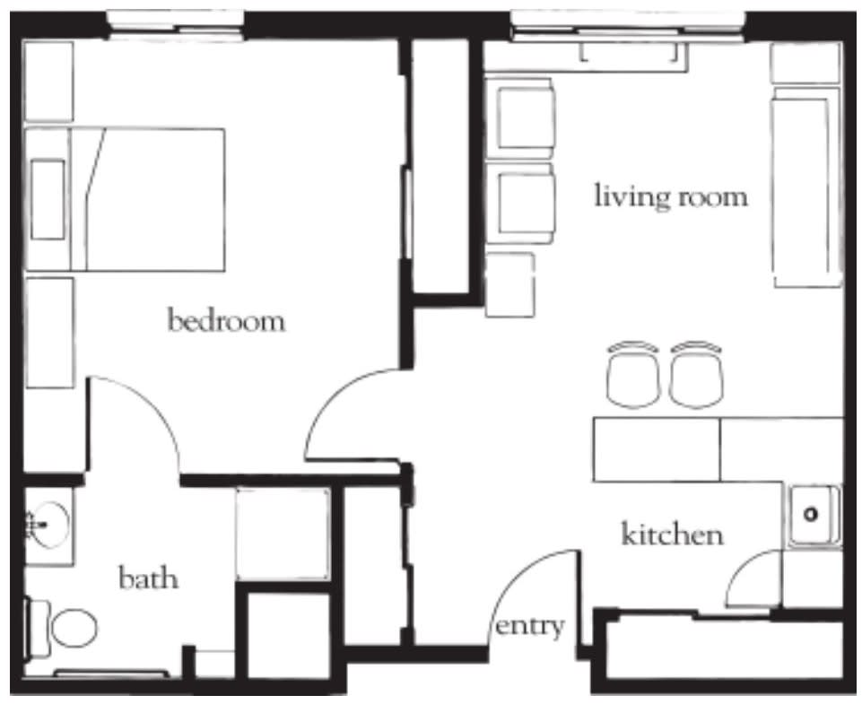 A floor plan depicting a one-bedroom apartment with a living room, kitchen, entryway, and bathroom.