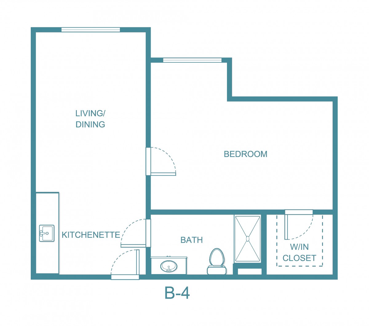Floor plan of a one-bedroom apartment with a living area, kitchen, bathroom, and walk-in closet.