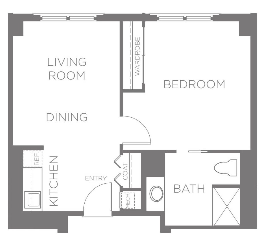 A floor plan showing a one-bedroom apartment with a kitchen, dining area, living room, and bathroom.
