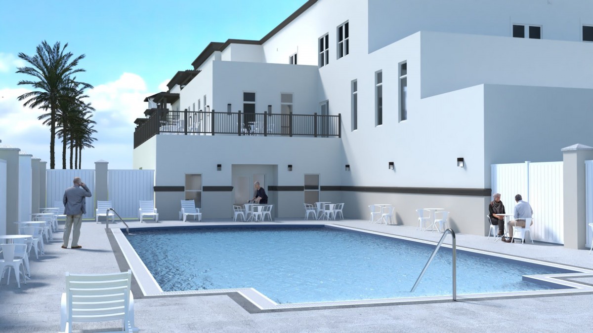 A sunny day by the swimming pool at a modern building's outdoor area.