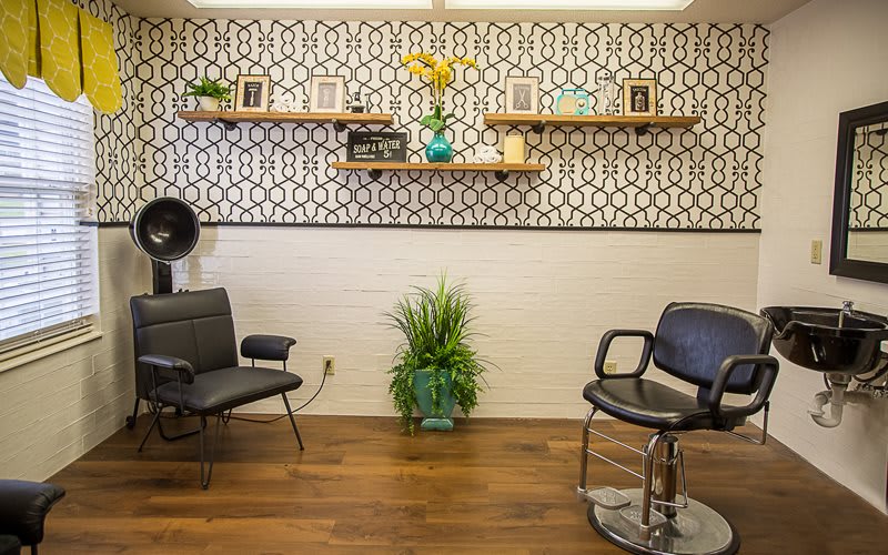 A stylish hair salon interior with modern decor, featuring two chairs, decorative shelves, and plants.