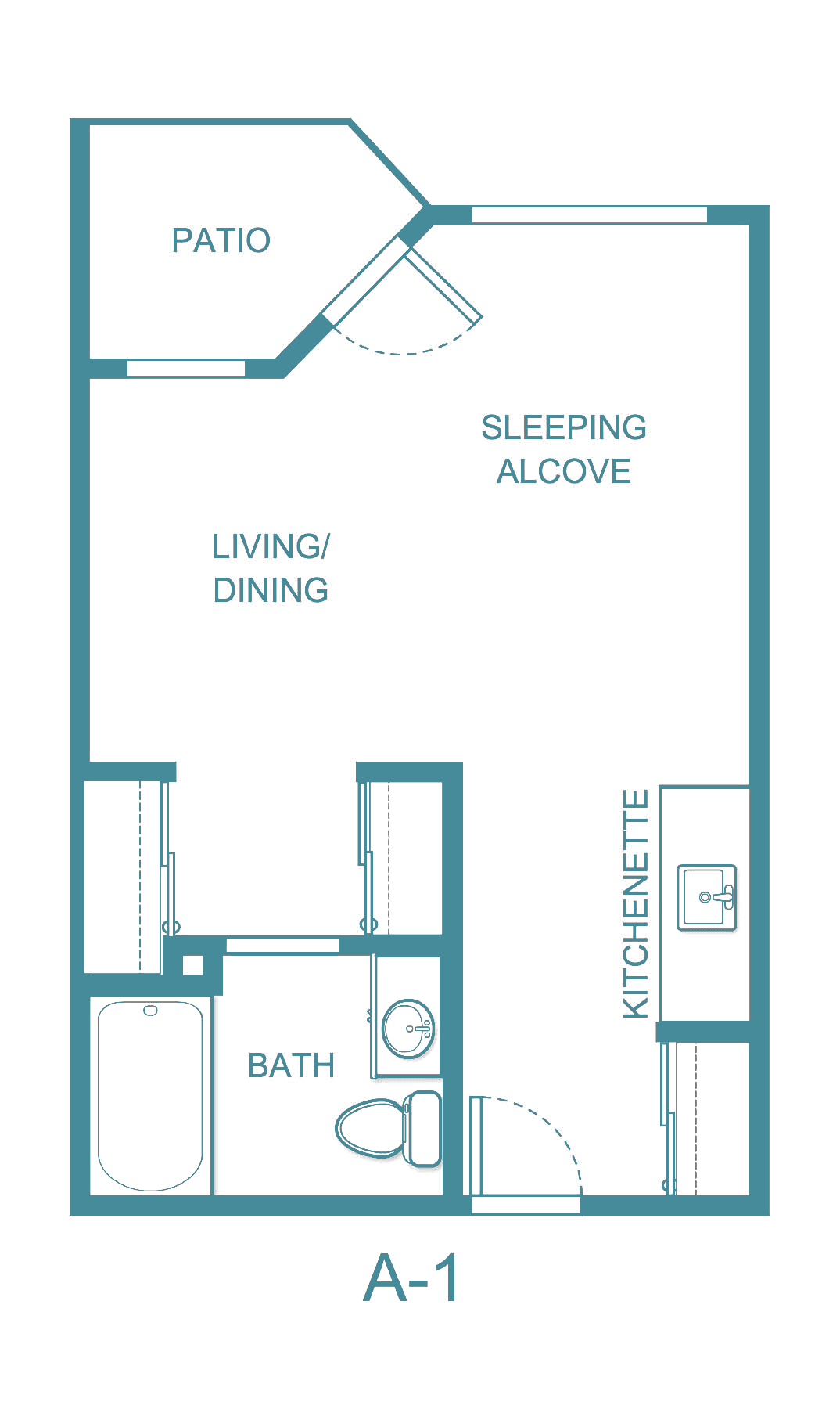 A floor plan of a studio apartment featuring a living/dining area, sleeping alcove, kitchenette, and bathroom.