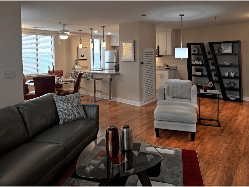 A modern open-concept living space with stylish furnishings and contemporary decor.